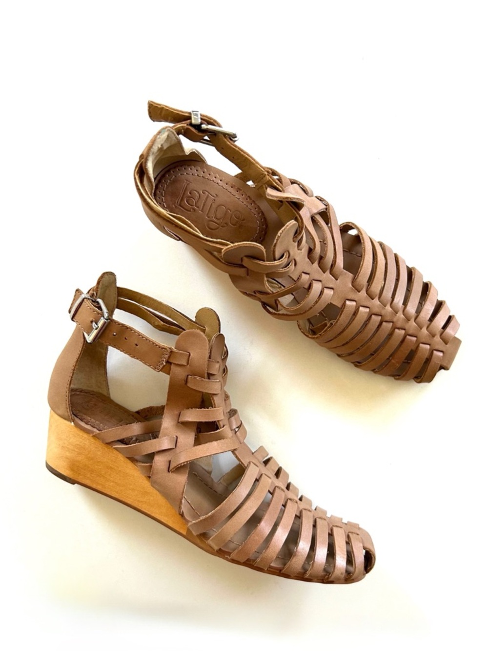 Latigo Light Brown Genuine Leather Strappy Gladiator Smile Wedge Sandals
